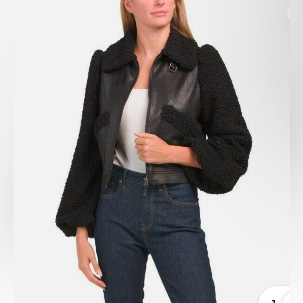 MAX STUDIO LONDON Faux Leather Jacket With Fur Sleeves And Collar Size M NWT